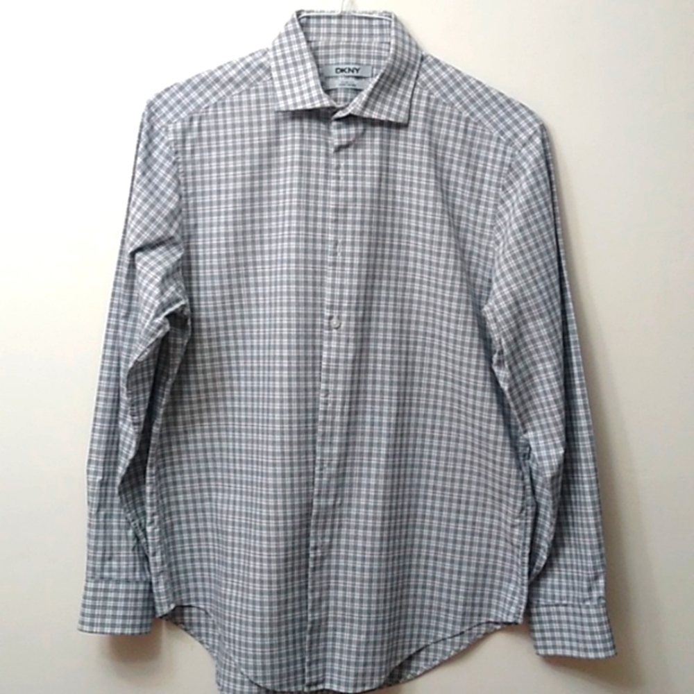 DKNY Gingham Long Sleeve Shirt, Gray, 15-1/2 / 32-33